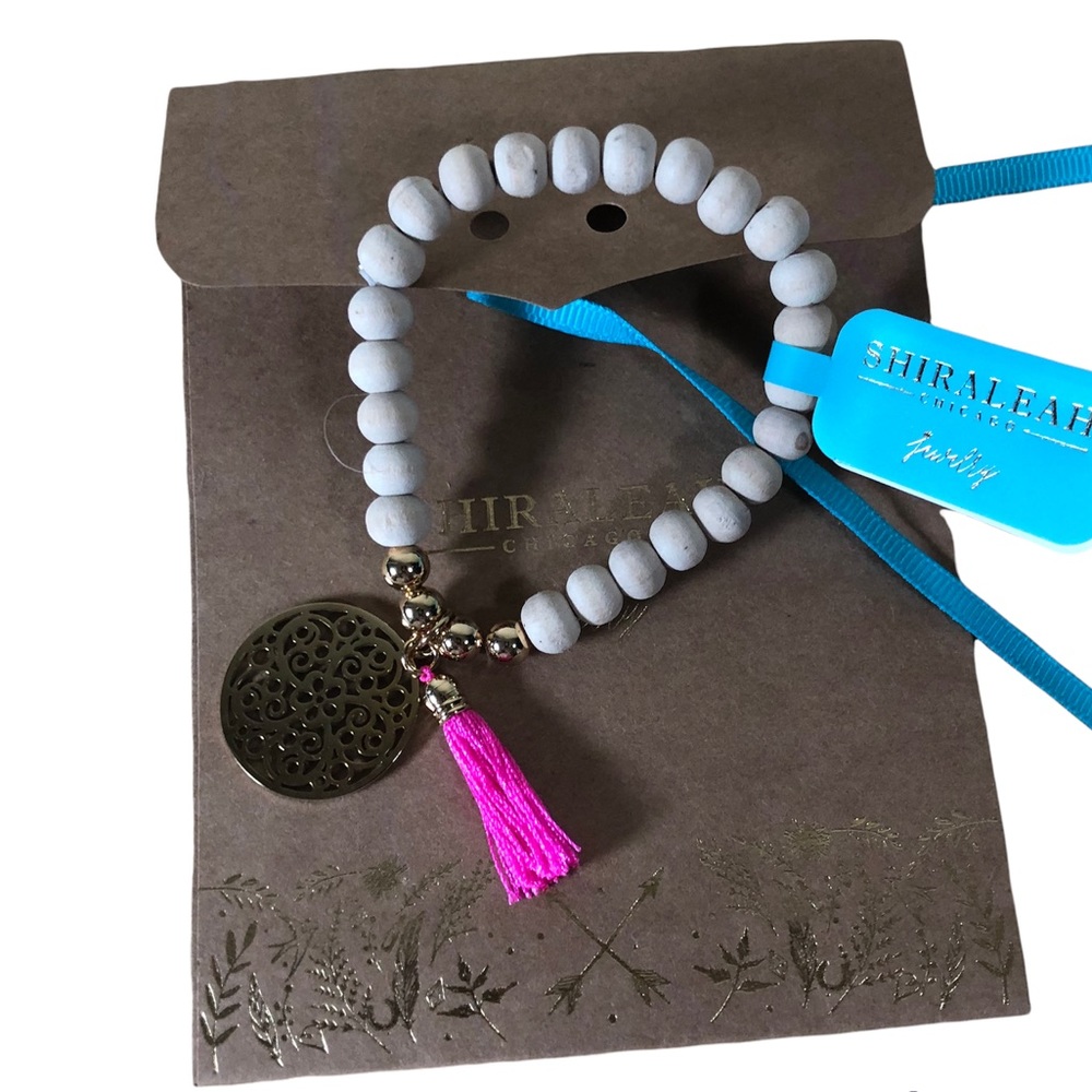 Shiraleah Anthropologie Bracelet BALI Stretch Wood Beads Hot Pink Tassel Emblem